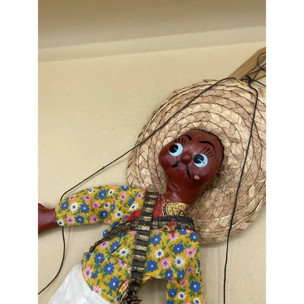 Mexican Marionette String Puppet Sombrero Ammo Belt 2 Handle Toy Doll Figure